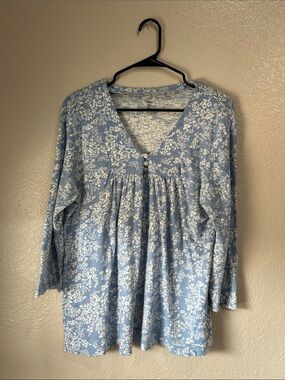 GAP Womens Blue and White Floral V-Neck Tunic Top Sz XL Casual Summer Chic Vacay